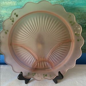 Satin Pink Scallop Edge Pressed Glass Divided Serving Plate Tray Platter 13"